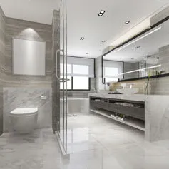 Bagno in marmo bianco Calacatta e Travertino cattura lo sguardo con la sua bellezza