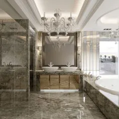 Modern Emperador light marble bathroom with large bathtub