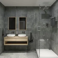 Bathroom, wrapped in shades of grey, radiates an aura of timeless modernity and sophistication