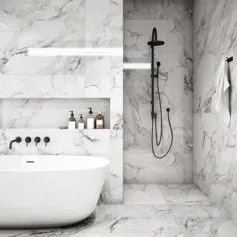 Arabescato marble bathroom from Carrara with ceramic bathtub