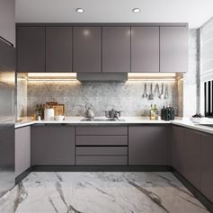 Cucina con pavimento in marmo Calacatta grigio venato