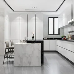 Cucina in marmo Calacatta molto luminosa e spaziosa