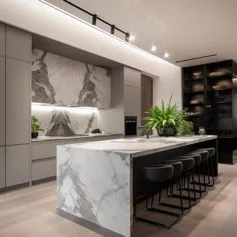 Cucina in marmo bianco Calacatta con venature grigie lucido di grande misura