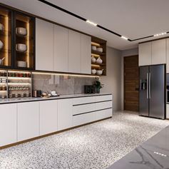 Cucina in marmo in granigliato Santamargherita e marmo grigio sul piano