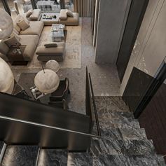Soggiorno moderno realizzato in marmo di alta qualità nero e in marmo ceppo grigio