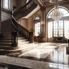 Scala con pavimento in marmo chiaro