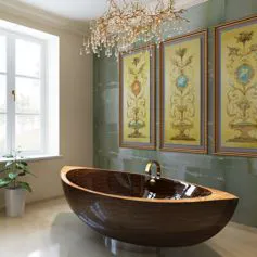 Green Onyx marble bathroom with wooden bathtub